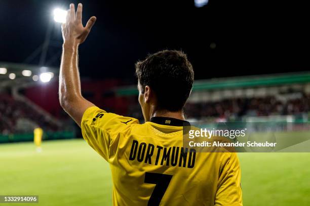 Giovanni Reyna of Dortmund gestures during the DFB Cup first round match between SV Wehen Wiesbaden and Borussia Dortmund at BRITA-Arena on August...
