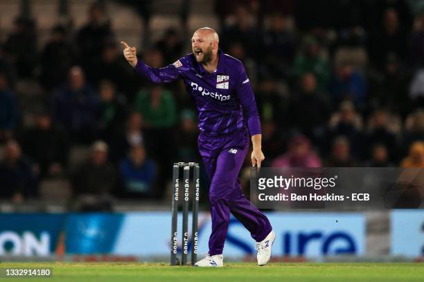 Adam Lyth of Northern Superchargers Men reacts after bowling Ross Whiteley of Southern Brave Men during The Hundred match between Southern Brave Men...
