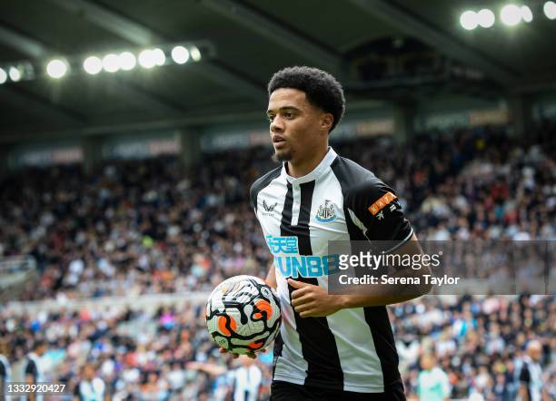 Jamal Lewis of Newcastle United holds the ball during the Pre Season Friendly between Newcastle United and Norwich City at St. James Park on August...