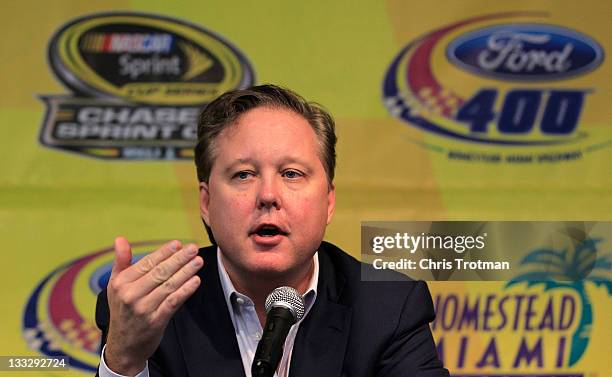 Brian France, CEO and Chairman of NASCAR, speaks to the media at Homestead-Miami Speedway on November 18, 2011 in Homestead, Florida.