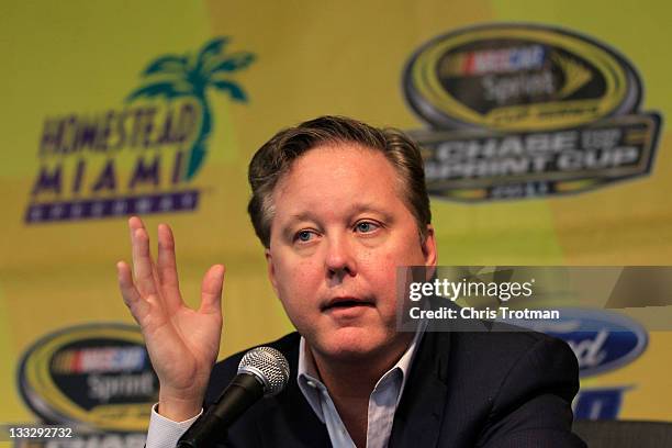 Brian France, CEO and Chairman of NASCAR, speaks to the media at Homestead-Miami Speedway on November 18, 2011 in Homestead, Florida.