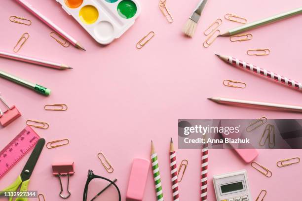 school and office supplies over pink background. back to school concept. pencils, crayons, ruler, eraser and other stuff. - ruler desk stock pictures, royalty-free photos & images
