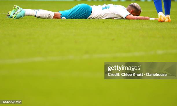 Riyad Mahrez of Manchester City reacts during The FA Community Shield between Manchester City and Leicester City at Wembley Stadium on August 07,...