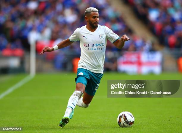 Riyad Mahrez of Manchester City in action during the The FA Community Shield between Manchester City and Leicester City at Wembley Stadium on August...