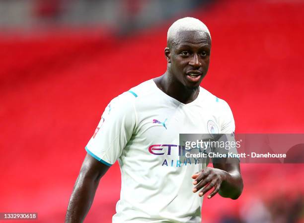 Benjamin Mendy of Manchester City looks on during The FA Community Shield between Manchester City and Leicester City at Wembley Stadium on August 07,...