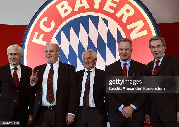 Uli Hoeness , president of FC Bayern Muenchen reacts whilst vice president Fritz Scherer , vice president Bernd Rauch , CEO Karl-Heinz Rummenigge and...