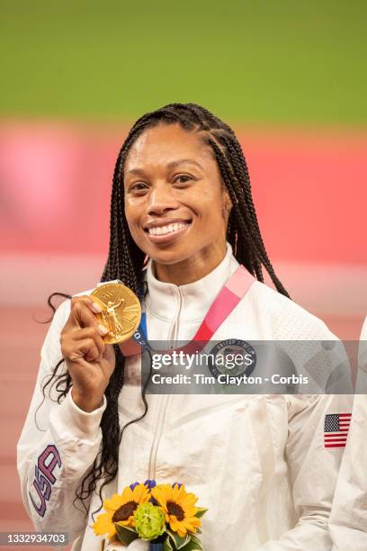 August 7: Allyson Felix of the United States with her gold medal after the team won the 4x 400m relay final. Allyson Felix is now the most decorated...