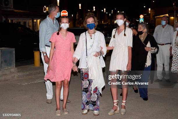 Crown Princess Leonor of Spain , Princess Sofia of Spain and Queen Sofia leave the Ola de Mar restaurant on August 07, 2021 in Palma de Mallorca,...