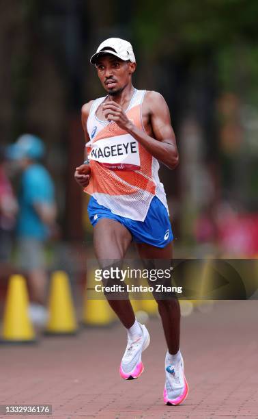 Abdi Nageeye of Team Netherlands competes in the Men's Marathon Final on day sixteen of the Tokyo 2020 Olympic Games at Sapporo Odori Park on August...
