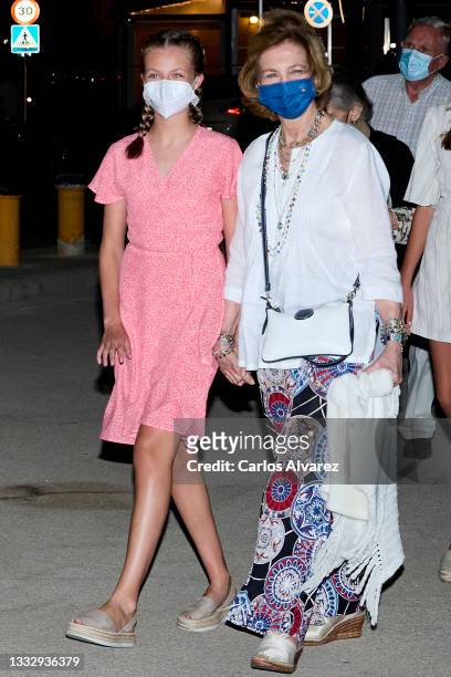 Crown Princess Leonor of Spain and Queen Sofia leave the Ola de Mar restaurant on August 07, 2021 in Palma de Mallorca, Spain.