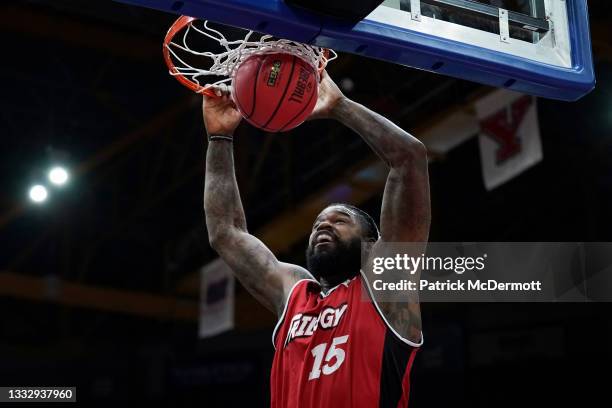 Amir Johnson of the Trilogy dunks the ball during the game against the Ghost Ballers during BIG3 - Week Six at Credit Union 1 Arena on August 07,...