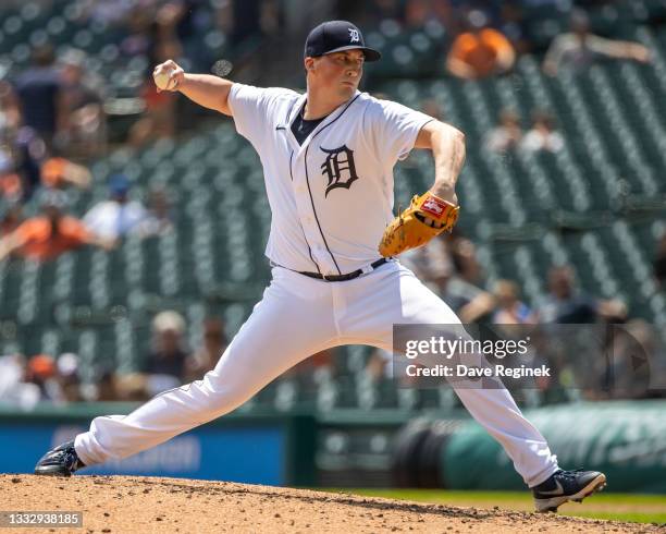 Kyle Funkhouser of the Detroit Tigers pitches in game one of a double header against the Minnesota Twins at Comerica Park on July 17, 2021 in...