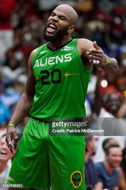 Andre Owens of the Aliens reacts after making a shot to beat the Power 50-45 during BIG3 - Week Six at Credit Union 1 Arena on August 07, 2021 in...