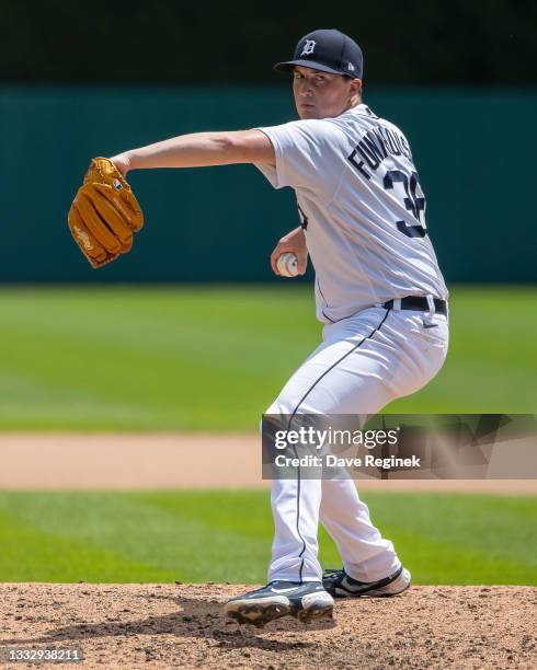 Kyle Funkhouser of the Detroit Tigers warms up during game one of a double header against the Minnesota Twins at Comerica Park on July 17, 2021 in...