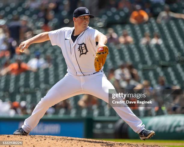 Kyle Funkhouser of the Detroit Tigers pitches in game one of a double header against the Minnesota Twins at Comerica Park on July 17, 2021 in...