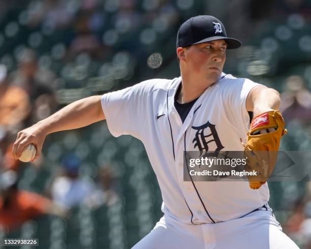 Kyle Funkhouser of the Detroit Tigers pitches in game one of a double header against the Minnesota Twins at Comerica Park on July 17, 2021 in...