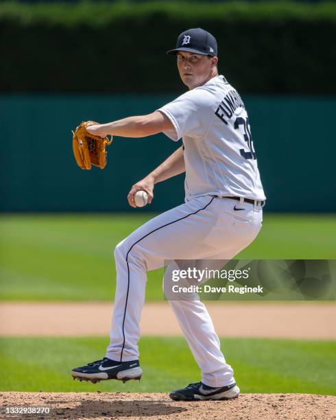 Kyle Funkhouser of the Detroit Tigers warms up during game one of a double header against the Minnesota Twins at Comerica Park on July 17, 2021 in...