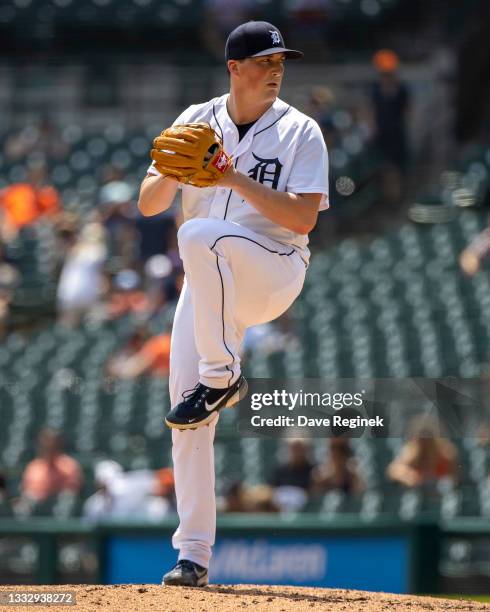 Kyle Funkhouser of the Detroit Tigers pitches in game one of a double header against the Minnesota Twins at Comerica Park on July 17, 2021 in...