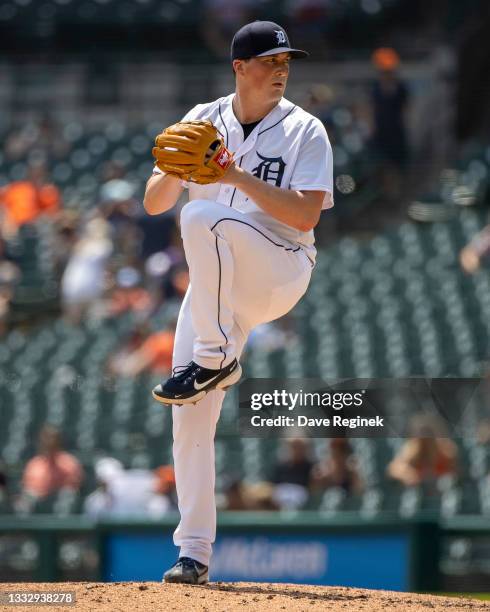 Kyle Funkhouser of the Detroit Tigers pitches in game one of a double header against the Minnesota Twins at Comerica Park on July 17, 2021 in...
