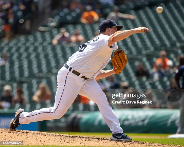 Kyle Funkhouser of the Detroit Tigers pitches in game one of a double header against the Minnesota Twins at Comerica Park on July 17, 2021 in...