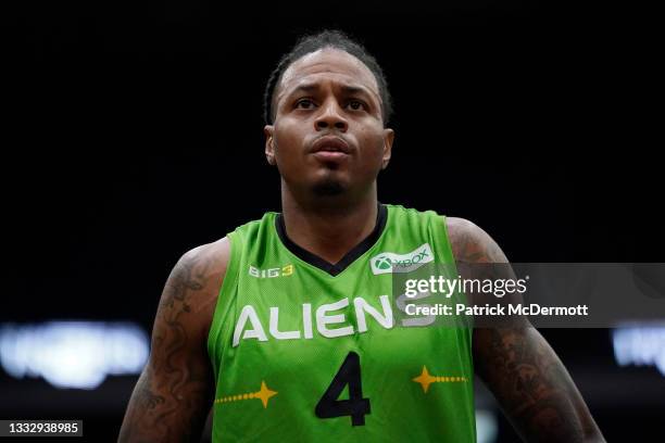 Brandon Rush of the Aliens looks on during the game against the Power during BIG3 - Week Six at Credit Union 1 Arena on August 07, 2021 in Chicago,...