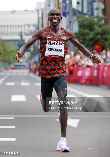 Eliud Kipchoge of Team Kenya reacts after winning the gold medal in the Men's Marathon Final on day sixteen of the Tokyo 2020 Olympic Games at...