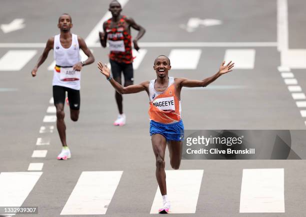 Silver medalist Abdi Nageeye of Team Netherlands reacts during the Men's Marathon Final on day sixteen of the Tokyo 2020 Olympic Games at Sapporo...