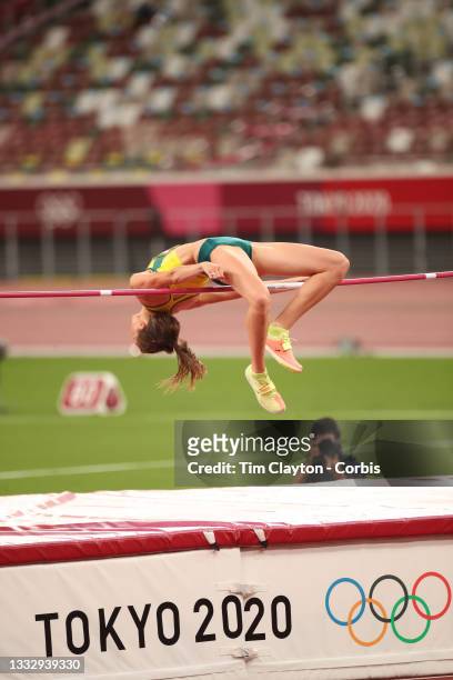 August 7: So close for Nicola McDermott of Australia as she just clips the bar on her final jump in the high jump for women where she won the silver...