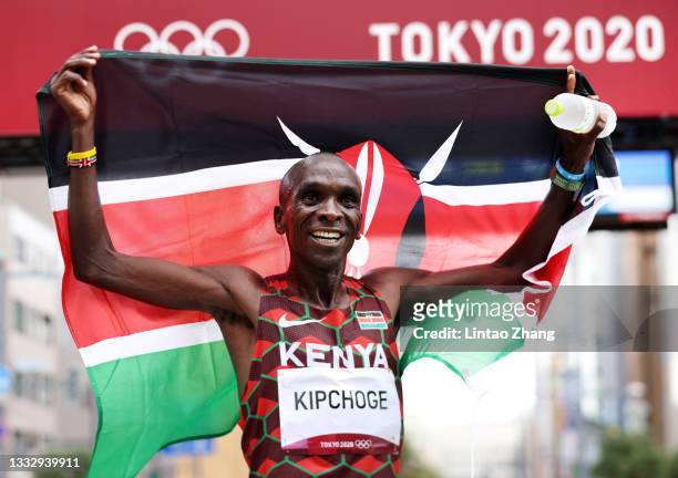 Eliud Kipchoge of Team Kenya celebrates after winning the gold medal in the Men's Marathon Final on day sixteen of the Tokyo 2020 Olympic Games at...