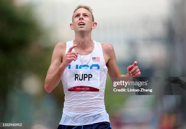 Galen Rupp of Team United States looks up while competing in the Men's Marathon Final on day sixteen of the Tokyo 2020 Olympic Games at Sapporo Odori...