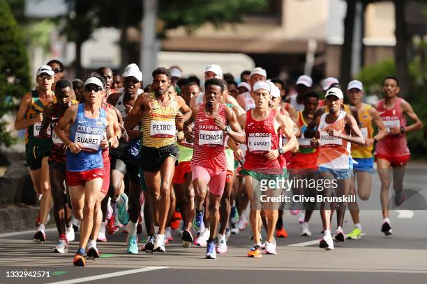 Jeison Alexander Suarez of Team Colombia runs ahead while competing in the Men's Marathon Final on day sixteen of the Tokyo 2020 Olympic Games at...