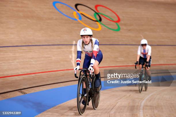 Laura Kenny of Team Great Britain after falling during the Women's Omnium scratch race, 1 round of 4 of the track cycling on day sixteen of the Tokyo...