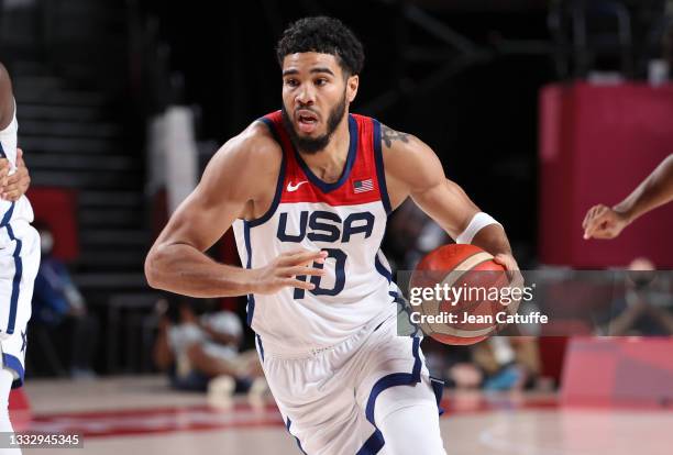 Jayson Tatum of USA during the Men's Basketball Gold Medal Final between United States and France on day fifteen of the Tokyo 2020 Olympic Games at...