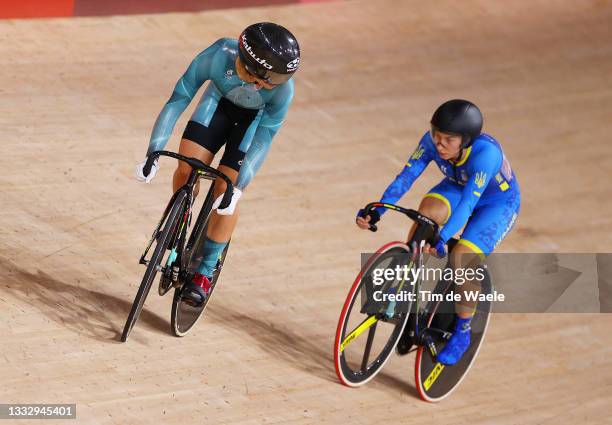 Wai Sze Lee of Team Hong Kong and Olena Starikova of Team Ukraine compete during the Women's sprint semifinals, race 2 - heat 1 of the track cycling...