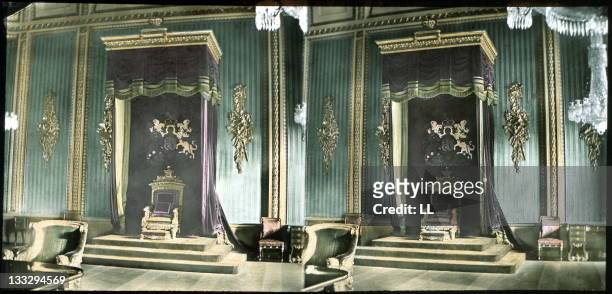 Throne in Buckingham Palace, London, 1860. Stereoscopic view.