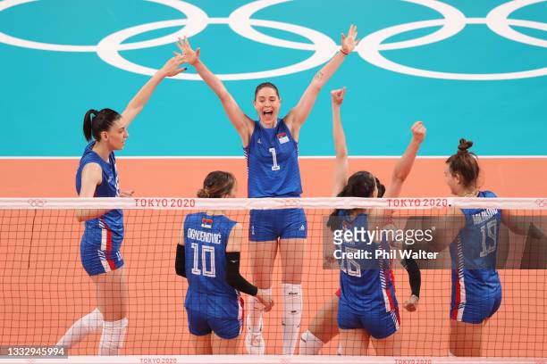 Bianka Busa of Team Serbia celebrates with teammates after the play against Team South Korea in the Women's Bronze Medal Match on day sixteen of the...