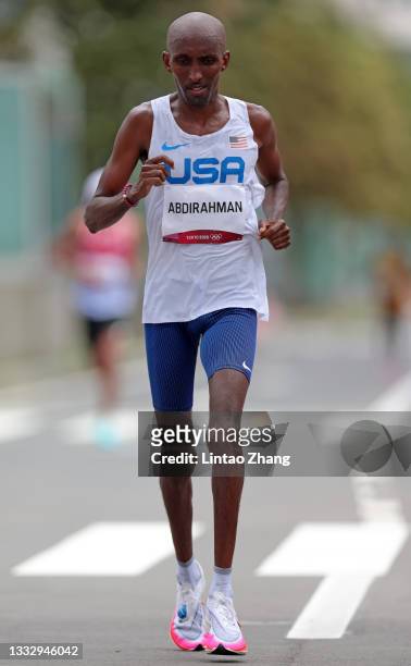 Abdi Abdirahman of Team United States comeptes in the Men's Marathon Final on day sixteen of the Tokyo 2020 Olympic Games at Sapporo Odori Park on...