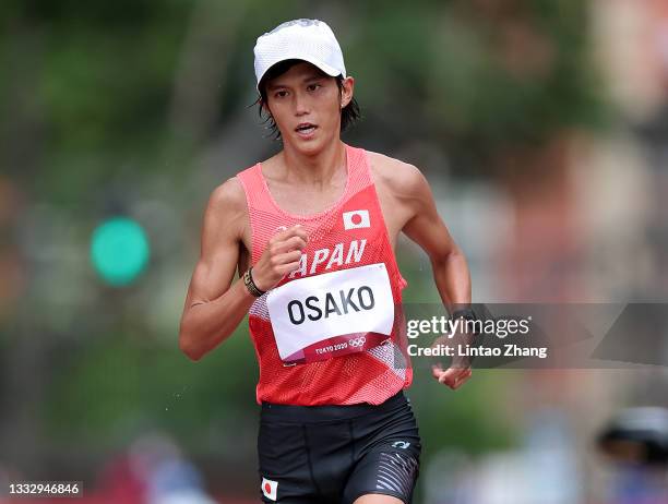 Suguru Osako of Team Japan competes in the Men's Marathon Final on day sixteen of the Tokyo 2020 Olympic Games at Sapporo Odori Park on August 08,...