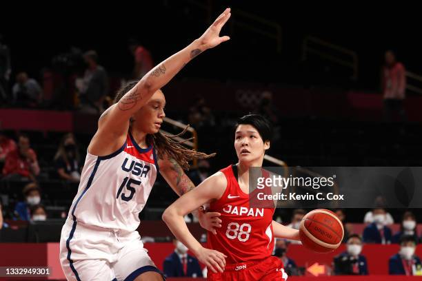 Himawari Akaho of Team Japan drives to the basket against Brittney Griner of Team United States during the first half of the Women's Basketball final...