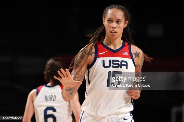 Brittney Griner of Team United States reacts during the first half of the Women's Basketball final game between Team United States and Team Japan on...