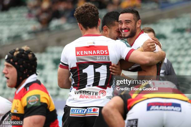 Bryn Hall of North Harbour celebrates his try with Kade Banks of North Harbour during the round 1 Bunnings NPC match between Waikato and North...