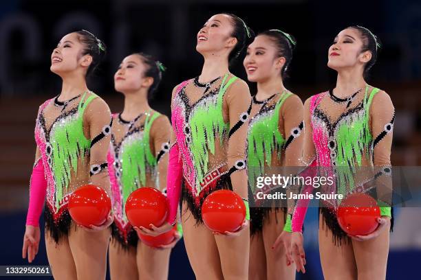 Team Japan competes during the Group All-Around Final at Ariake Gymnastics Centre on August 08, 2021 in Tokyo, Japan.