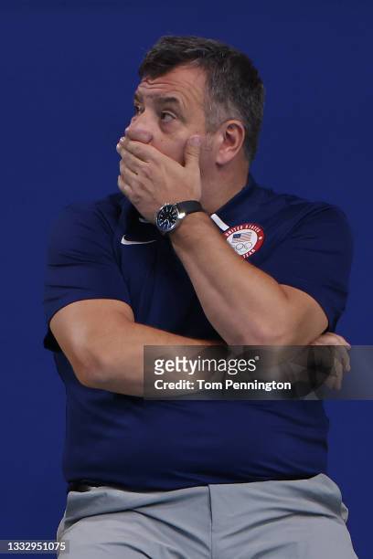 Head Coach Dejan Udovicic of Team United States reacts during the Men’s Classification 5th-6th match between Croatia and the United States on day...