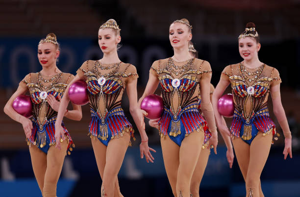 Team ROC competes during the Group All-Around Final at Ariake Gymnastics Centre on August 08, 2021 in Tokyo, Japan.
