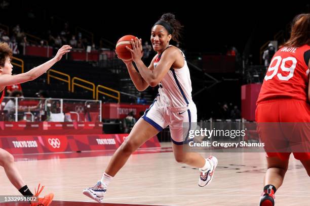 Ja Wilson of Team United States drives to the basket against Team Japan during the first half of the Women's Basketball final game on day sixteen of...