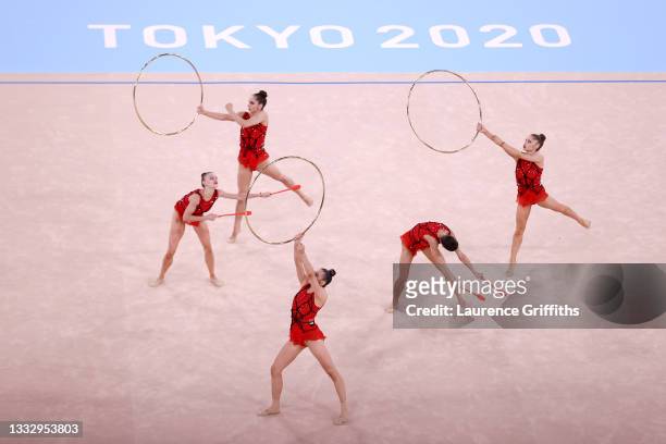 Team Bulgaria competes during the Group All-Around Final at Ariake Gymnastics Centre on August 08, 2021 in Tokyo, Japan.