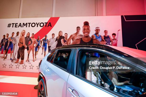 Team USA friends and family members interact with a Toyota during the Tokyo 2020 Olympic Games Experience and Viewing Party at Loews Sapphire Falls...