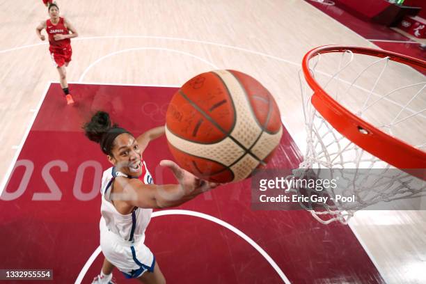 Ja Wilson of Team United States goes up for a layup against Team Japan during the second half of the Women's Basketball final game on day sixteen of...