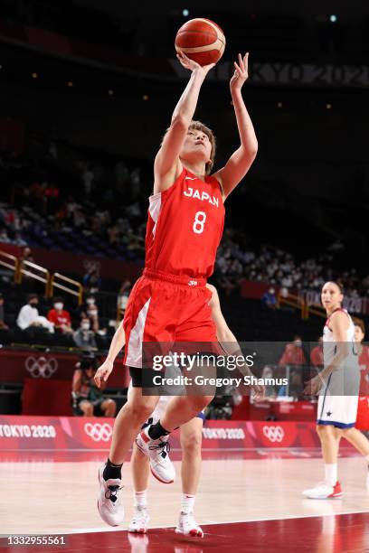 Maki Takada of Team Japan shoots against Team United States during the second half of the Women's Basketball final game on day sixteen of the 2020...