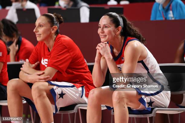 Sue Bird and Diana Taurasi of Team United States share react in celebration from the bench during the second half of the Women's Basketball final...